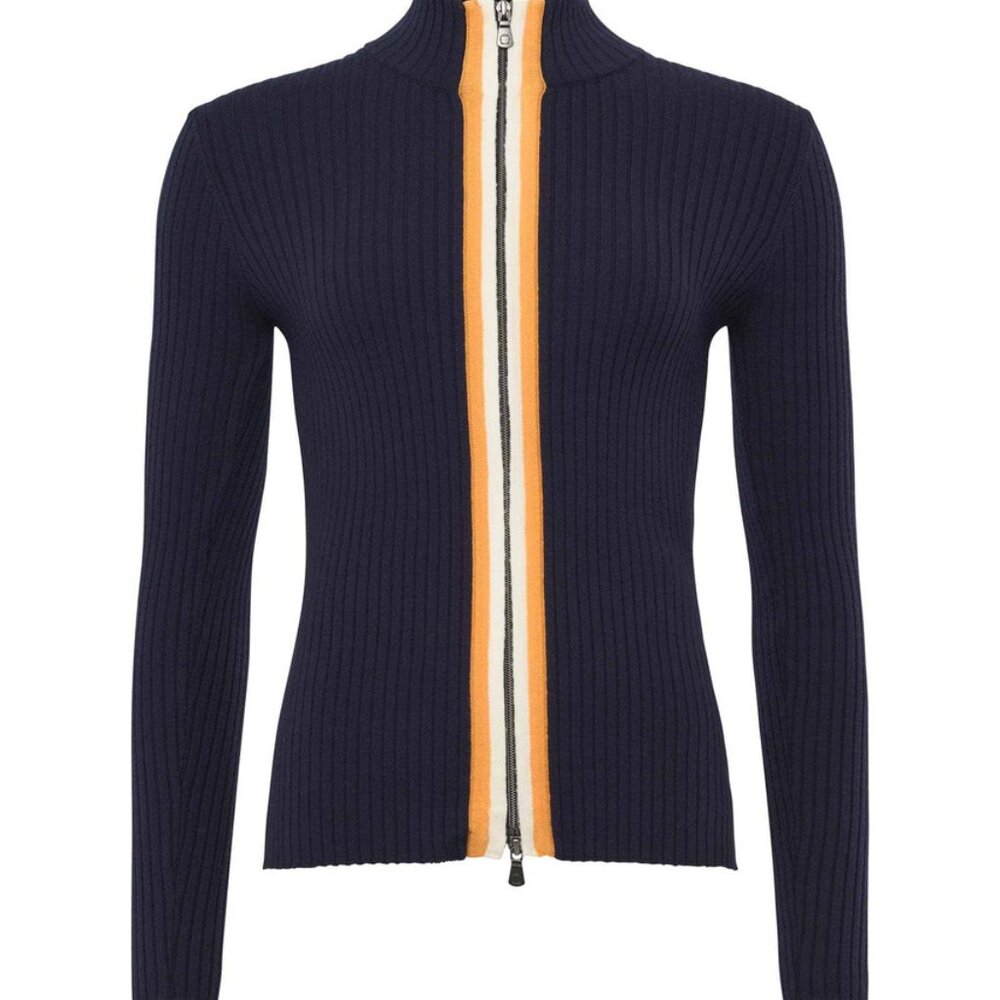 NWT Anatomie Charlize Navy Zip-Up Ribbed Travel Sweater Orange Cream Stripe - Picture 4 of 14